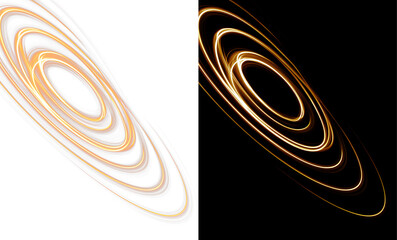 Golden glowing light rings spiral swirl photo overlay. Luminous golden orbital light trail swirl. Concentric gold light orbits tilted rings isolated on white and black background © Olena