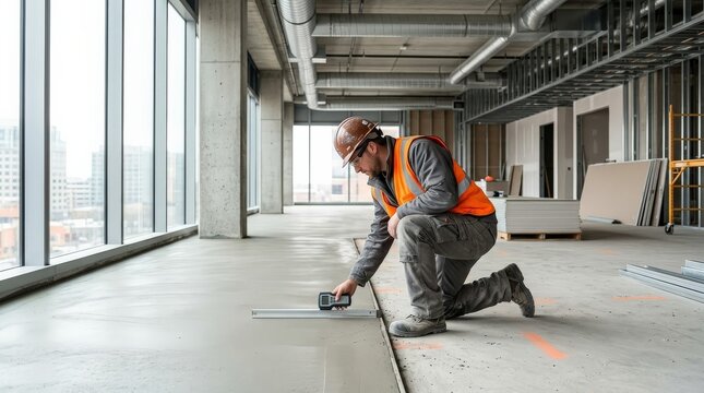 Construction worker uses digital level to check concrete floor during building interior renovation