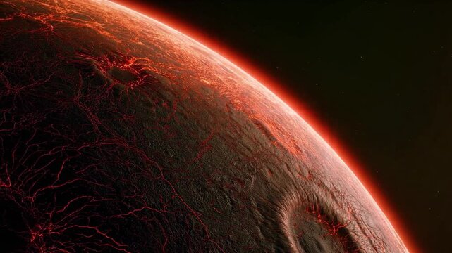 4K Video of a glowing red and orange alien planet with a richly textured surface surrounded by dark cosmic space.