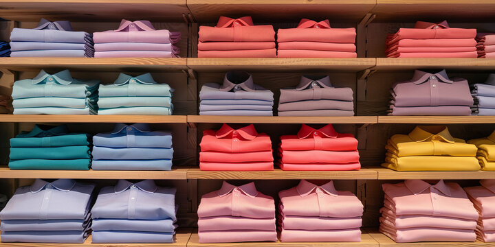 Neatly folded colorful polo shirts stacked systematically on wooden shelves inside a retail clothing store showcase merchandise display with bright vibrant pastel hues showcasing apparel fashion wardr
