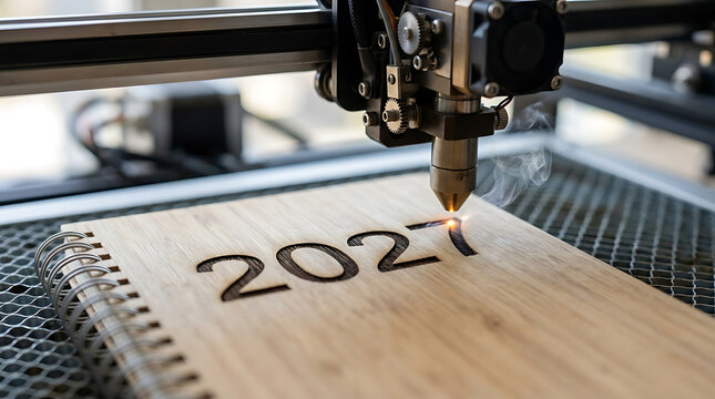 Laser engraver crafts 2027 year onto wooden journal cover for future planning and goal setting