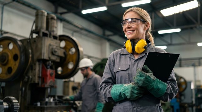 A happy professional worker smiling while working in a heavy metal industry factory.