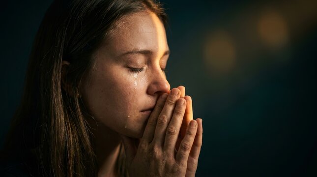 An emotionally reflective woman with her hands clasped in prayer as tears stream down her face.