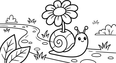 Charming hand drawn illustration of a snail carrying a daisy flower on its shell © Rafiqul