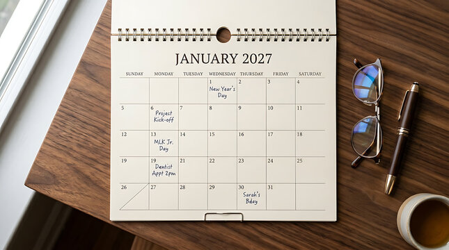 January 2027 Calendar Page with New Year's Day and MLK Jr. Day Marked, symbolizing future planning and new beginnings