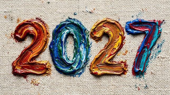 Vibrant 2027 numbers painted with thick oil paint on textured canvas, symbolizing new beginnings and creative future planning