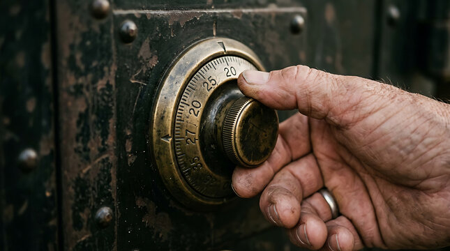 Hand turning combination dial on vintage safe, symbolizing security, access, and unlocking future opportunities for 2027