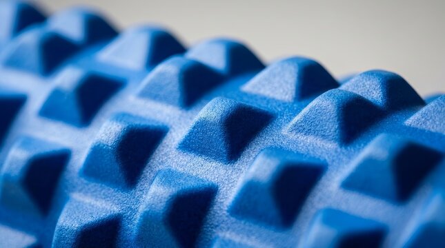 Detailed closeup of a blue textured foam roller for muscle recovery.