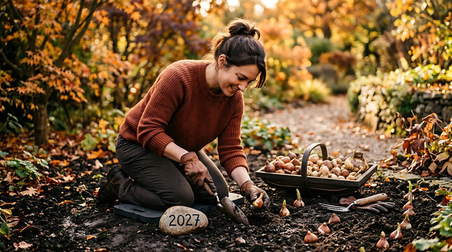 Woman planting bulbs for 2027 in autumn garden, symbolizing new beginnings and future growth