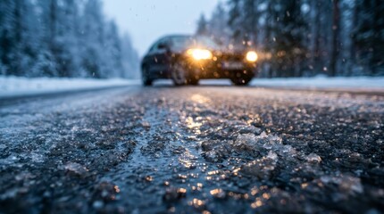 Obraz premium Car headlights illuminate a wet and icy road during winter snowfall.