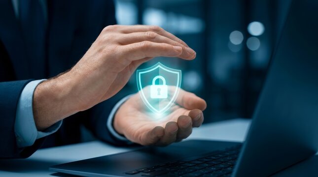 Businessman holding a shield icon for cyber security and data protection concept.