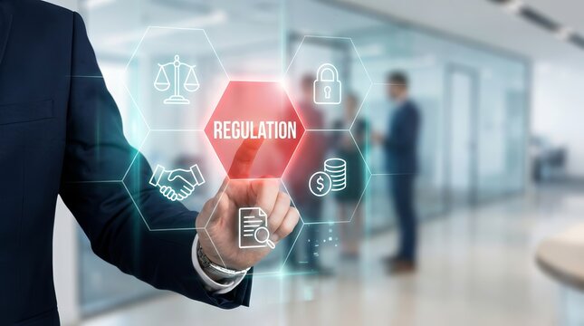 Business professional interacting with a digital interface highlighting corporate regulations and compliance.