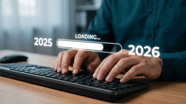 Businessman using a computer keyboard with a technology loading bar showing the transition from 2025 to A loading bar status updates from 2025 to 2026 as a businessman works on a computer keyboard.