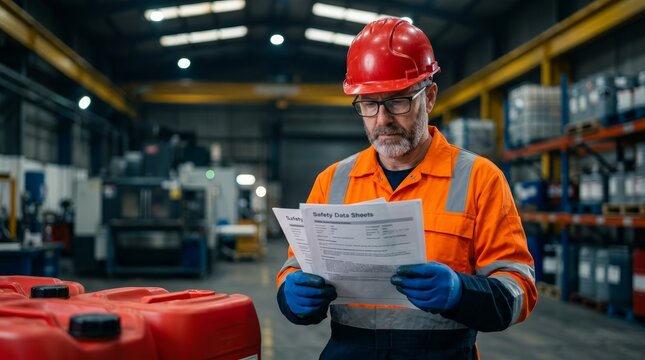 Industrial worker in an orange uniform and red hard hat reviews Safety Data Sheets in a warehouse.