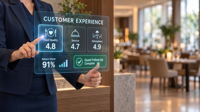 Business professional using digital interface to analyze hospitality industry customer experience metrics