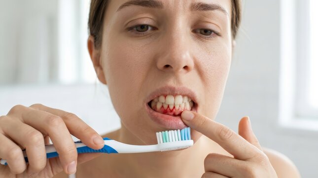 Young woman examining her red bleeding gums while holding a toothbrush