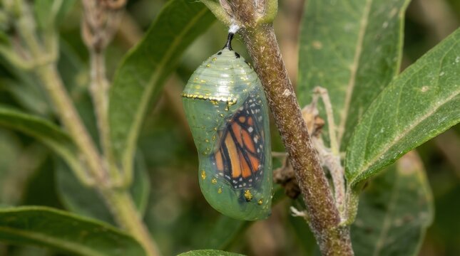 Monarch butterfly chrysalis hanging from milkweed plant leaf