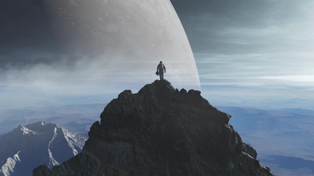 Astronaut Stands Victorious on a Mountain Peak, Overlooking an Alien Planet in a 3D Rendered Adventure