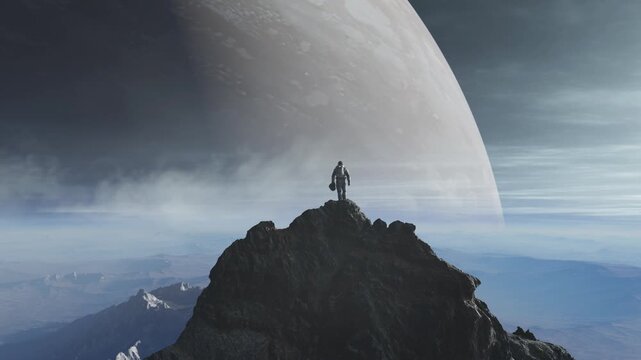Astronaut on Mountain Peak Surveys a Grand Planet in a Breathtaking 3D Rendered Sci-Fi Landscape