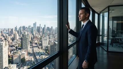 Fototapeta na wymiar Businessman looking out of office window at city skyline