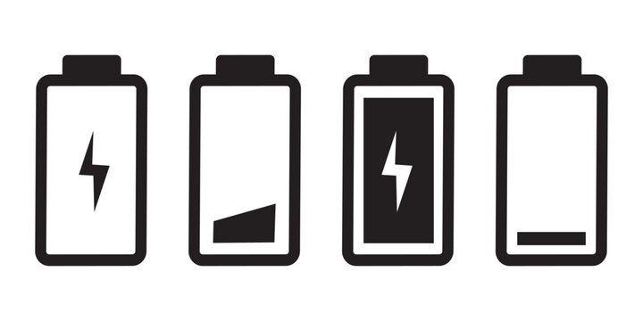 Battery charge level indicators and plug icon vector graphic with energy level, battery life