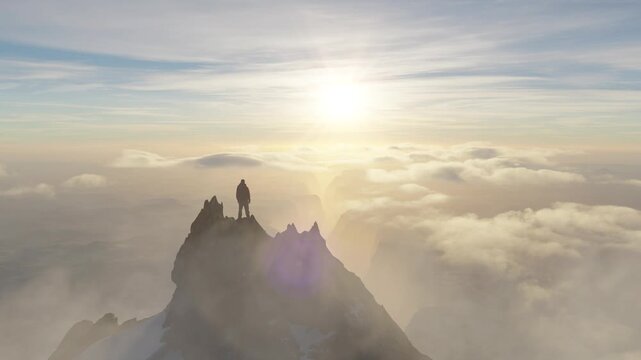 Adventurer Standing on a Mountain Peak Above the Clouds at Golden Sunset, a Stunning 3D Render
