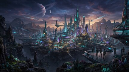 Fototapeta premium Futuristic alien city landscape with glowing skyscrapers and spacecraft