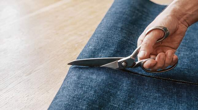 Hand holding scissors cutting denim fabric on wooden table in garment manufacturing atelier