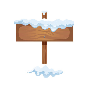 Single wooden sign board covered with snow, rustic plank for winter messages, vector illustration isolated on transparent background