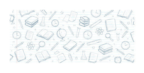 Obraz premium Seamless doodle pattern of school supplies on lined paper background
