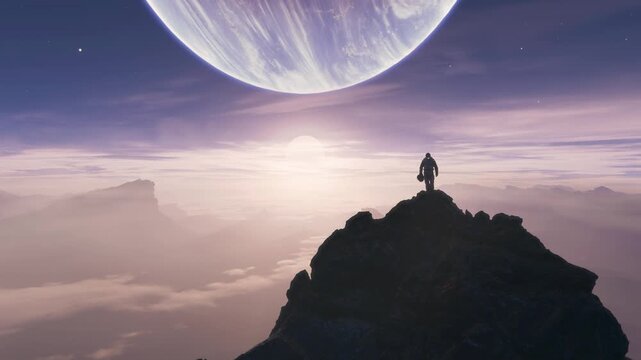 Astronaut Standing on an Alien Planet's Peak, Witnessing a Breathtaking Sunset and a Giant Celestial Body