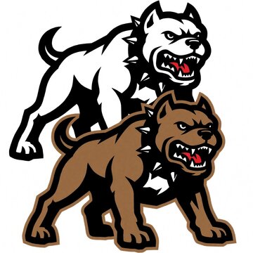 Aggressive dog mascot illustration, showing fierce pit bull or bulldog. Features snarling expression, spiked collar. Available in color and outline versions for diverse design needs.