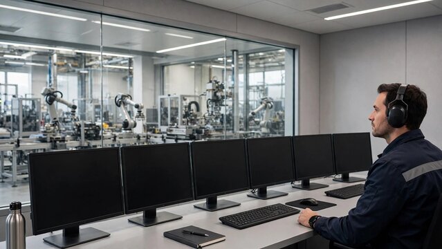 Modern Smart Factory Control Center with Operator and Empty Computer Screens for Copy Space