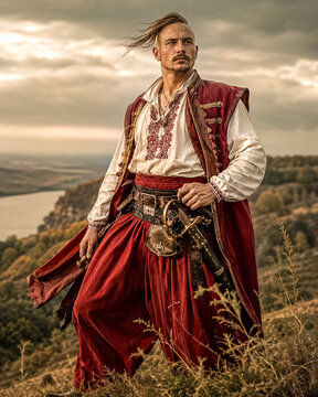 Ukrainian Cossack Warrior in Traditional Clothing Overlooking the Steppe