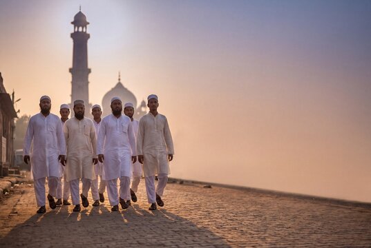 Men Walking Together to Mosque for Eid Prayer at Sunrise