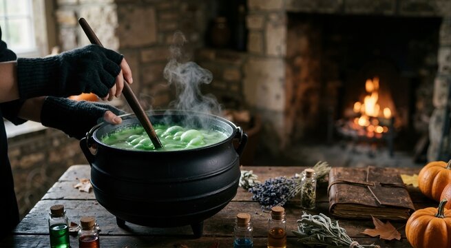 Person stirring bubbling green potion in cast iron cauldron. Witch brewing magic elixir by cozy fireplace