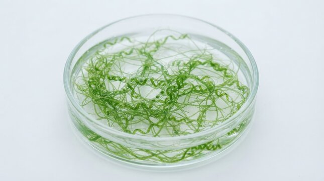 Spirulina algae filaments in a glass petri dish