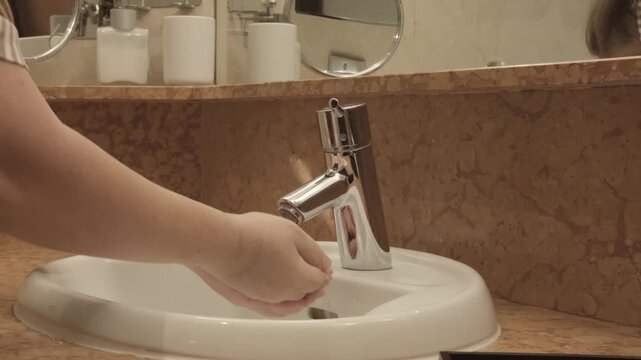 washing hands in sink, morning skincare routine in interior, Self-care and mindfulness, basic hygiene, chrome European plumbing
