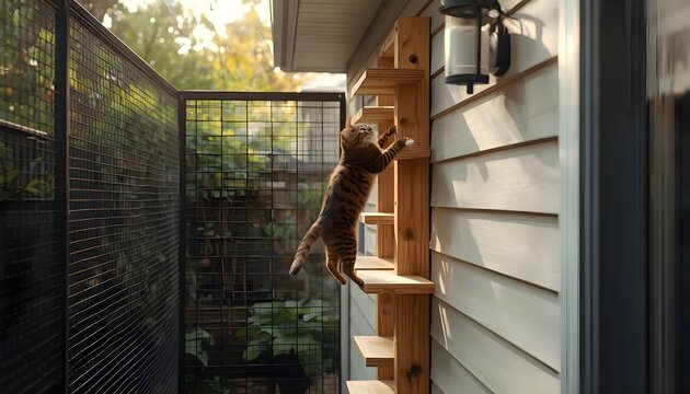 "Outdoor Cat Climbing Wall &ndash; American Home Backyard Setup for Active Feline Exercise"