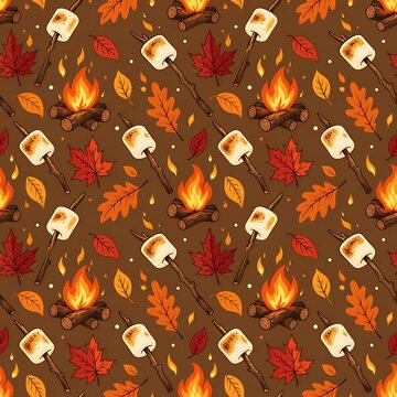 Halloween Autumn Seamless Pattern with Bonfire Campfire Roasted Marshmallows and Fall Leaves Background