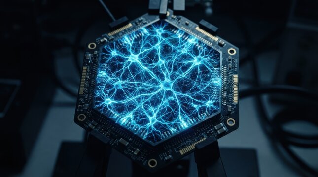 Hexagonal microchip with glowing artificial neural network or synapse connections