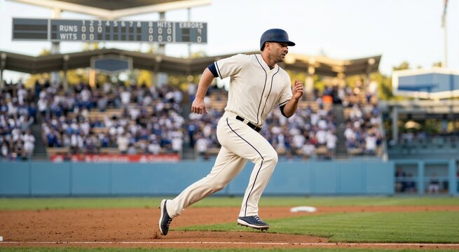 Professional baseball player in cream uniform running on the dirt base path. Athlete in action during a game with stadium crowd and scoreboard in the background