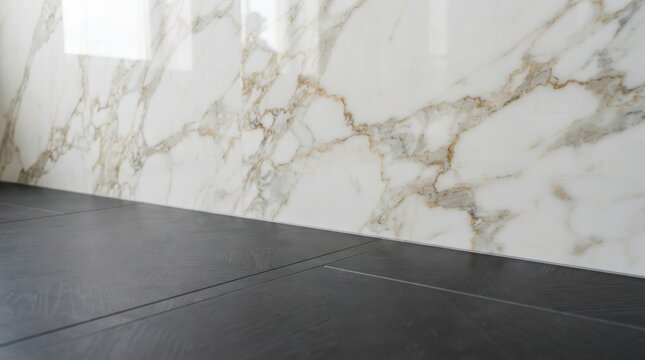 White marble wall tiles and dark grey wooden floor interior