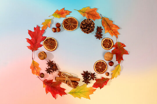 Abstract autumn composition featuring maple leaves, pine cones, nuts, cinnamon, star anise, and rowan berries, Thanksgiving themed still life, seasonal background, vibrant and beautiful screen banner