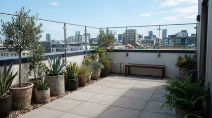 Obraz premium Modern rooftop terrace with potted plants and city view