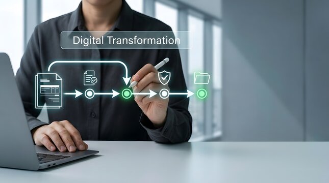 Business professional using a laptop to manage a complex digital transformation process workflow