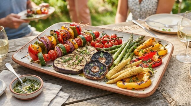 Grilled vegetable platter on outdoor wooden table during summer barbecue party
