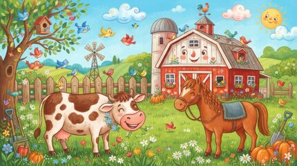 Fototapeta premium Cartoon cow and horse at a happy farm with barn