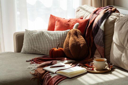 Cozy autumn scene with warm blanket pumpkins and open book inviting relaxation and creativity indoors