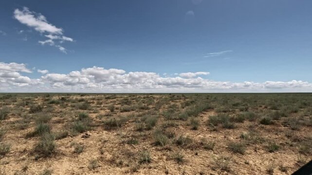Tracking shot across a flat semi-arid grassland landscape